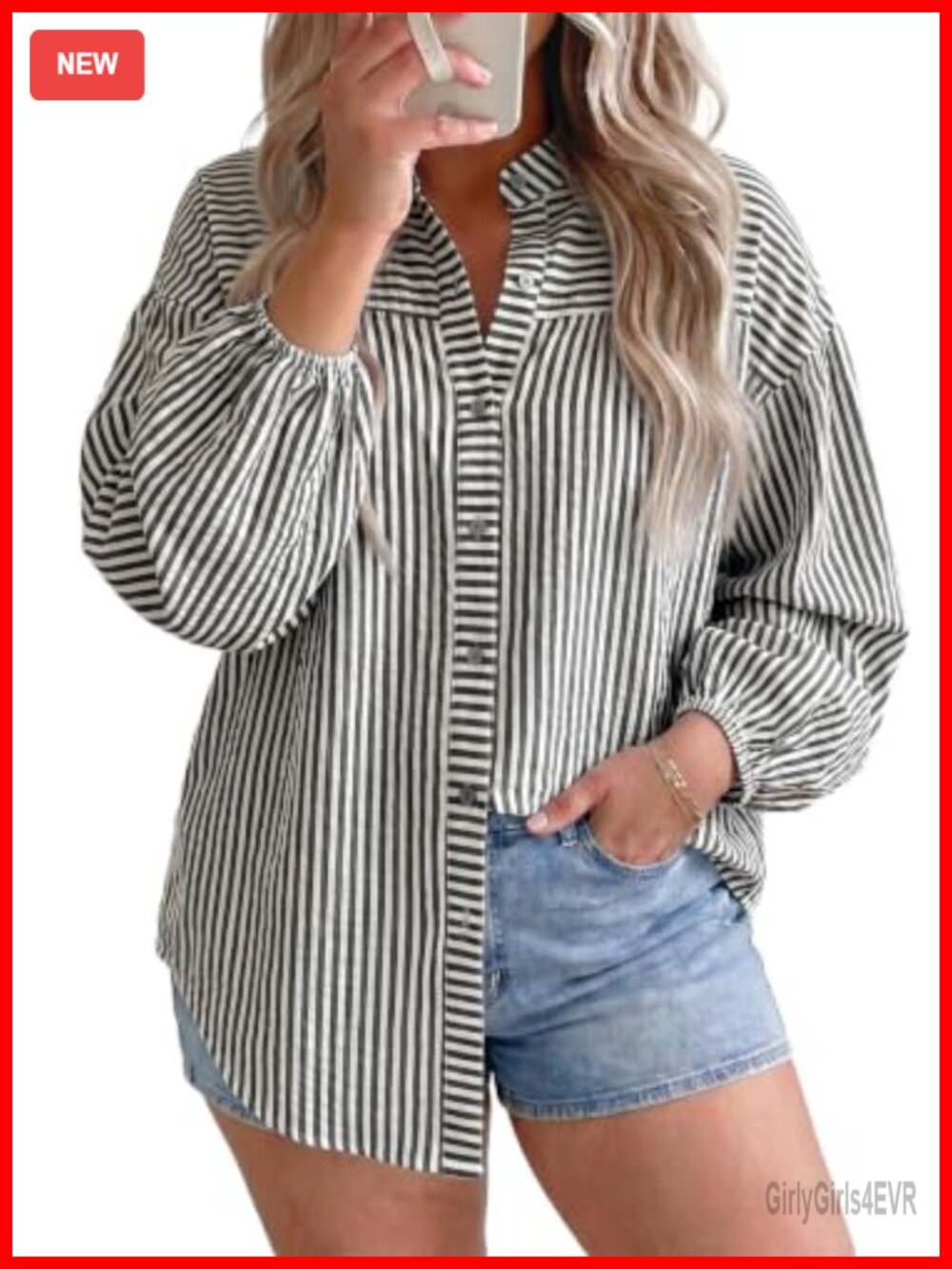 Plus Size Striped Button Down Shirt Long Sleeve Collared Blouse